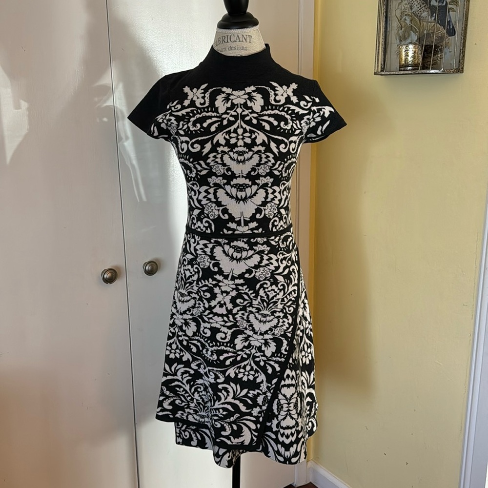 Parker Black & White dress with mock turtleneck and cap sleeves